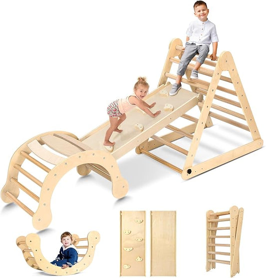 Dripex Pikler Triangle Set, Sturdy Climbing Toys for Toddlers 1-3 Inside, Large Indoor Playground Jungle Gym Playset with Slide & Arch Rocker, Premium Early Learning Toddler Climbing Toys Indoor