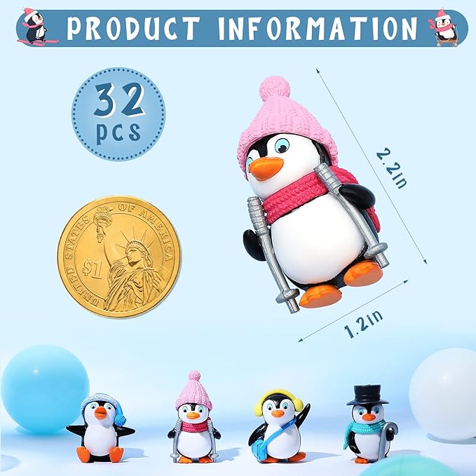 Zhanmai 32 Pcs Penguin Characters Toys Cute Penguin Figurines Mini Penguin Figures Collection Playset Penguin Cake Topper Winter Penguin Cake Decoration for Boy Girl Gift Birthday Landscape Party