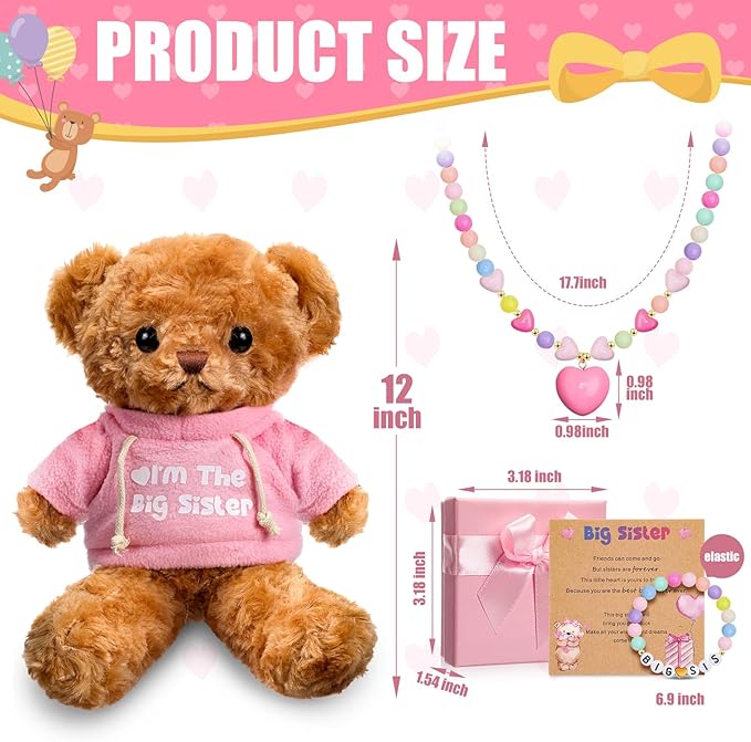 Taiyin Big Sister Gift Set Big Sister Bear with Bracelet Necklace Jewelry “I'm the Big Sister” Message Stuffed Animal Bear Toy Big Sis Gifts for Little Girls Christmas
