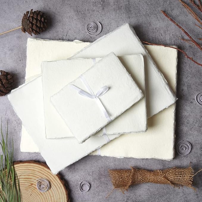 50 Sheets - Rough/Textured Watercolor Paper - 12.5 X 16.5 inches(150GSM) - Handmade/Deckle Edge Paper Made from Virgin Egyptian Cotton - Off-White by Leather Village