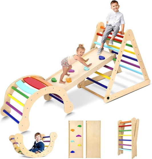Dripex Pikler Triangle Set, Sturdy Climbing Toys for Toddlers 1-3 Inside, Large Indoor Playground Jungle Gym Playset with Slide & Arch Rocker, Premium Early Learning Toddler Climbing Toys Indoor