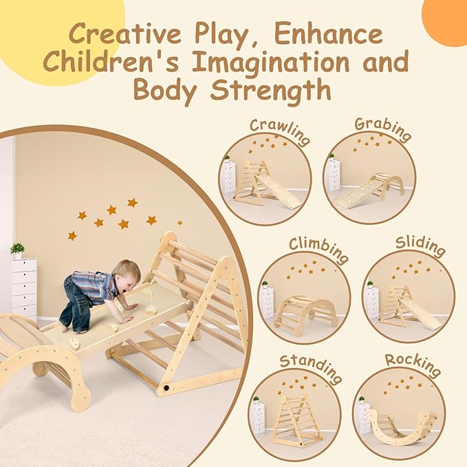 Dripex Pikler Triangle Set, Sturdy Climbing Toys for Toddlers 1-3 Inside, Large Indoor Playground Jungle Gym Playset with Slide & Arch Rocker, Premium Early Learning Toddler Climbing Toys Indoor