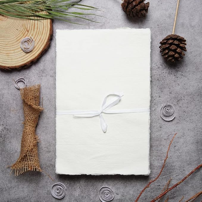 50 Sheets - Rough/Textured Watercolor Paper - 12.5 X 16.5 inches(150GSM) - Handmade/Deckle Edge Paper Made from Virgin Egyptian Cotton - Off-White by Leather Village