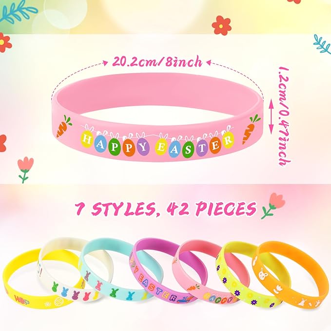 JUNEBRUSHS 42pcs Easter Party Favors Silicone Bracelets Bunny Egg Carrot Chicks Flowers Rubber Wristbands Accessories for Easter Egg Fillers Gifts Basket Stuffers Accessories Party Decorations