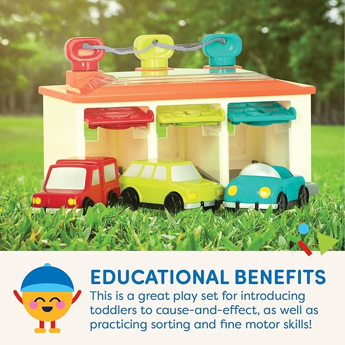 Battat – Car & Color Sorting Playset – Cause-And-Effect Toy – Push & Go Cars – Color-Coded Matching – 2 Years + – 3-Car Garage