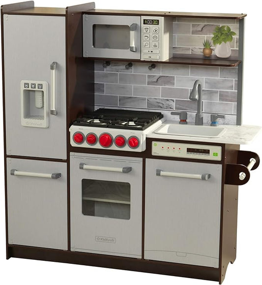 KidKraft Uptown Elite Espresso Play Kitchen with EZ Kraft Assembly™, Lights and Sounds, Working Ice Maker and Click and Turn Knobs, Gift for Ages 3+