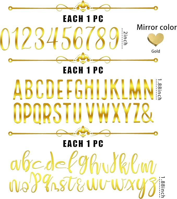 DRWATE Cake Topper Acrylic Number & Letter Picks with Mirrored Gold Finish, 62 Pcs Set for Wedding, Birthday, Party Decorations