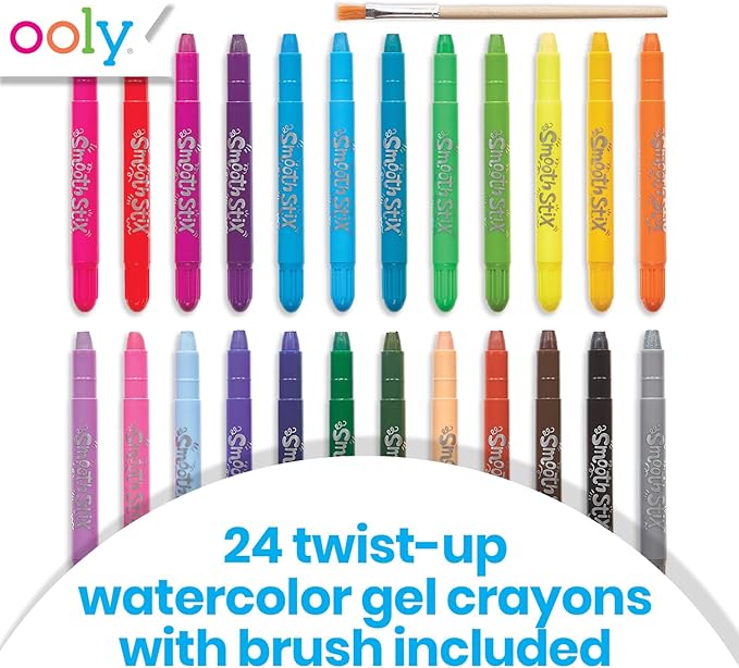 Ooly Smooth Stix Gel Crayons for Kids and Adults with Paint Brush - Set of 24 Watercolor Rainbow Crayons for Glass and Paper with Clear Plastic Crayon Case - Easy To Clean Twist-Up Gel Crayon Set