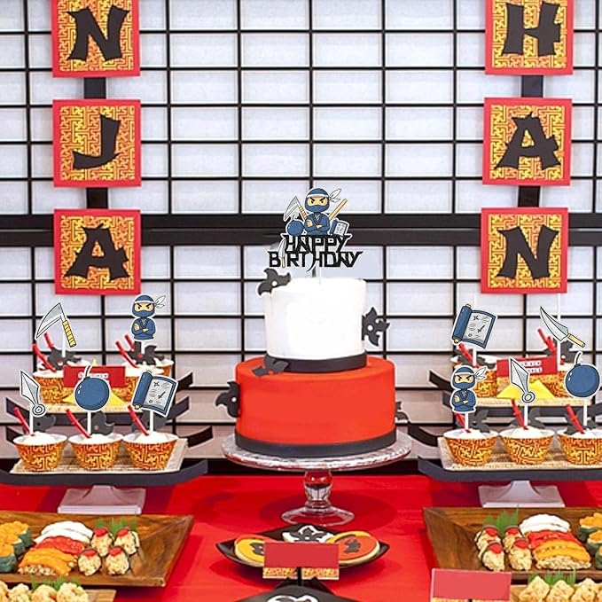 Samurai Ninja Cake Toppers, 7 Pcs Set Kids Happy Birthday Dart Decorations, Ninja Themed Birthday Party for Boys or Girls, Ninja Martial Arts Karate Party, or Baby Shower Party Decorations. SugarGera