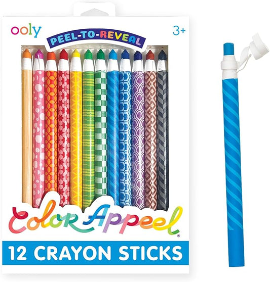 Ooly Color Appeel Crayon Sticks, Set of 12 Peelable Crayons for Kids,Wax Crayons Wrapped in Paper in 12 Unique Colors for Art Projects, Stationery Kits, School Supplies