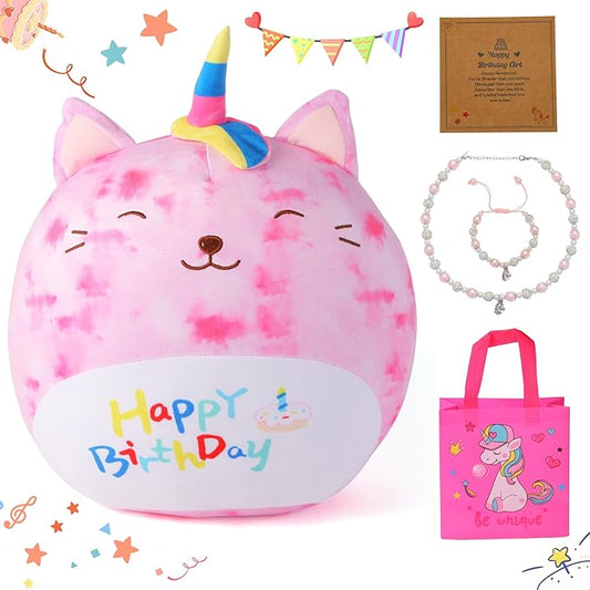 duellen 12'' Original Rainbow Birthday Unicorn Plush Pillow Soft Plush Toy Cute Pink Unicorn Stuffed Animal, Birthday Gifts for Kids Toddlers with Unicorn Necklaces, Bracelets and Gift Bag