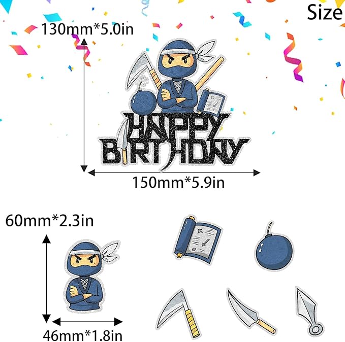 Samurai Ninja Cake Toppers, 7 Pcs Set Kids Happy Birthday Dart Decorations, Ninja Themed Birthday Party for Boys or Girls, Ninja Martial Arts Karate Party, or Baby Shower Party Decorations. SugarGera