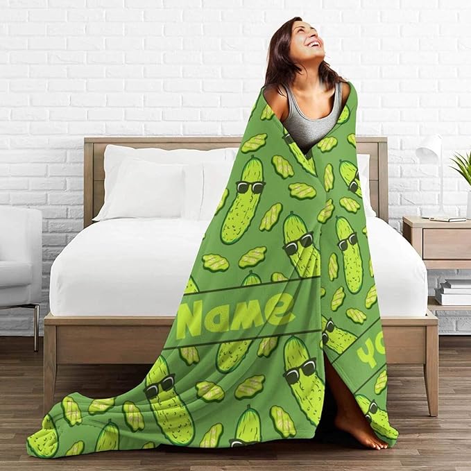 Custom Pickle Blanket with Name for Boys Girls, Personalized Cute Pickle Themed Design Printed Throw Blankets for Kids Lap, Chair Sofa, Giftable Blanket, 40"x 50"