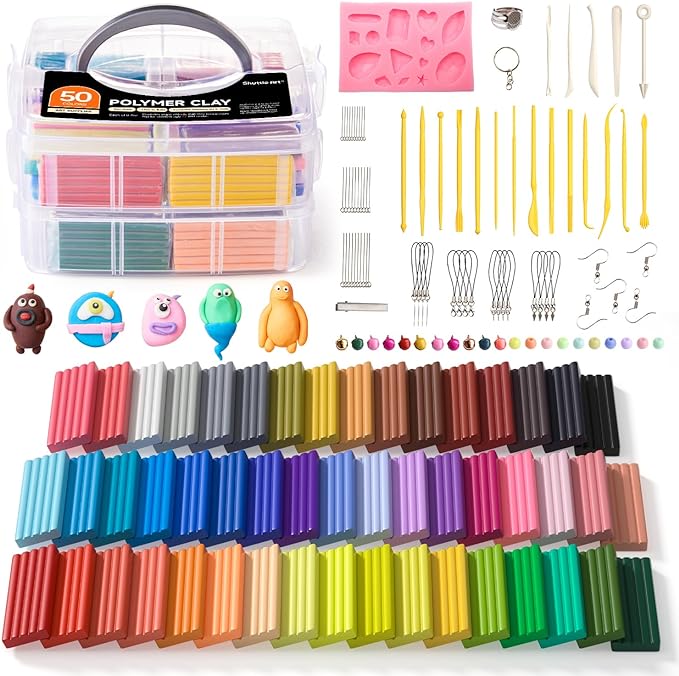 Shuttle Art Polymer Clay Kit, 50 Colors, Soft Oven Clay Kit, 19 Carving Tools and 10 Kinds of Accessories, Non-Stick, Non-Toxic, Ideal Gift for Kids