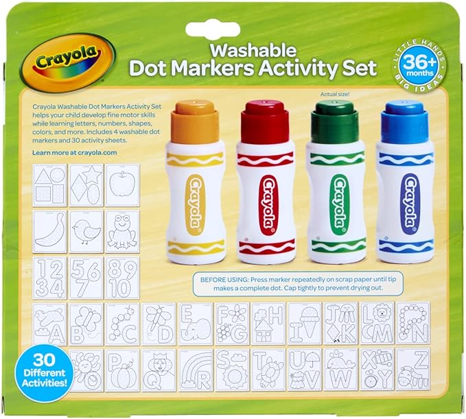 Crayola Washable Dot Markers Activity Set, 30 Toddler Coloring Pages & 4 Washable Markers, Dot Paints for Toddlers, Toddler Gifts, Ages 3+