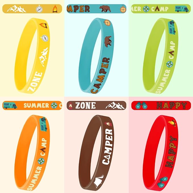 JUNEBRUSHS 42pcs Camping Party Favors Silicone Bracelets Summer Camping Theme Rubber Wristbands Accessories for Adults Camping Adventure Birthday Party Decorations Gift Supplies