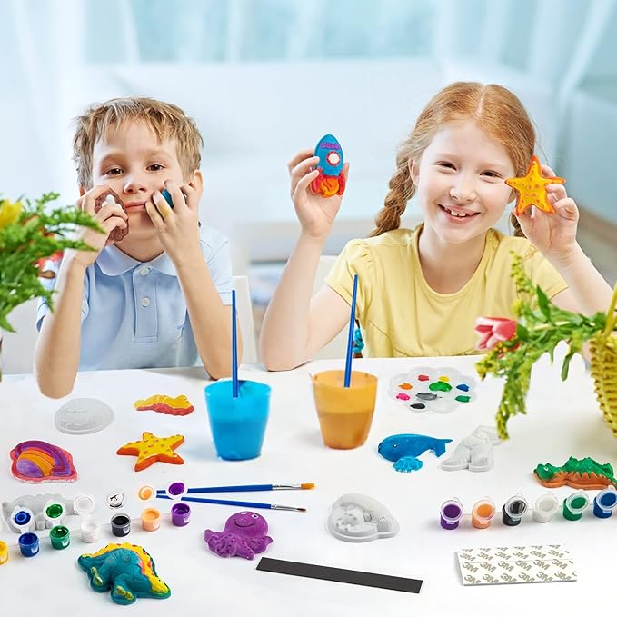 Juboury Kids Arts and Crafts Set Painting Kit - Plaster Painting Craft Kit Art Set - Painting Your Own Space Dinosaurs & Marine life Figurines - Ceramic Painting Kit for Kids, Girls, Boys, Toddlers