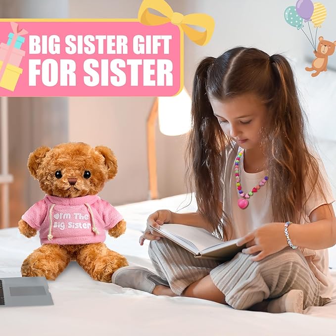 Taiyin Big Sister Gift Set Big Sister Bear with Bracelet Necklace Jewelry “I'm the Big Sister” Message Stuffed Animal Bear Toy Big Sis Gifts for Little Girls Christmas