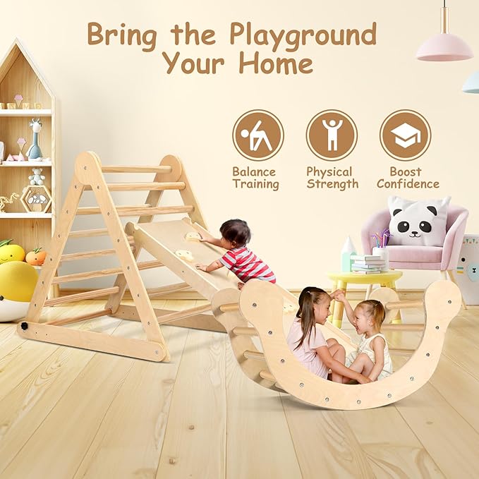 Dripex Pikler Triangle Set, Sturdy Climbing Toys for Toddlers 1-3 Inside, Large Indoor Playground Jungle Gym Playset with Slide & Arch Rocker, Premium Early Learning Toddler Climbing Toys Indoor