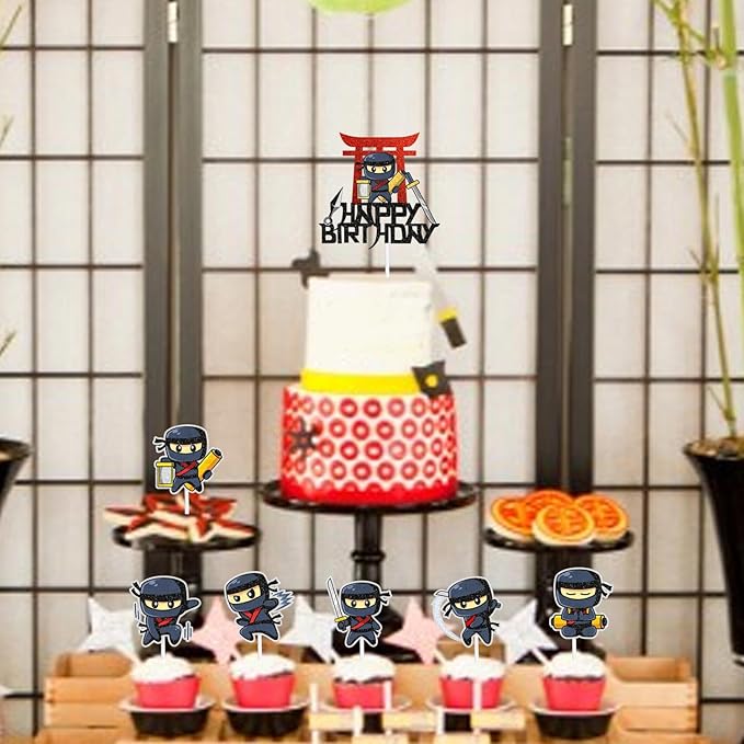 Ninja Warrior Cake Topper Set of 7 Happy Birthday Samurai Sword Fei Decorations, Boy or girl Ninja theme birthday party, martial arts karate party, or baby shower party decorations. SugarGera