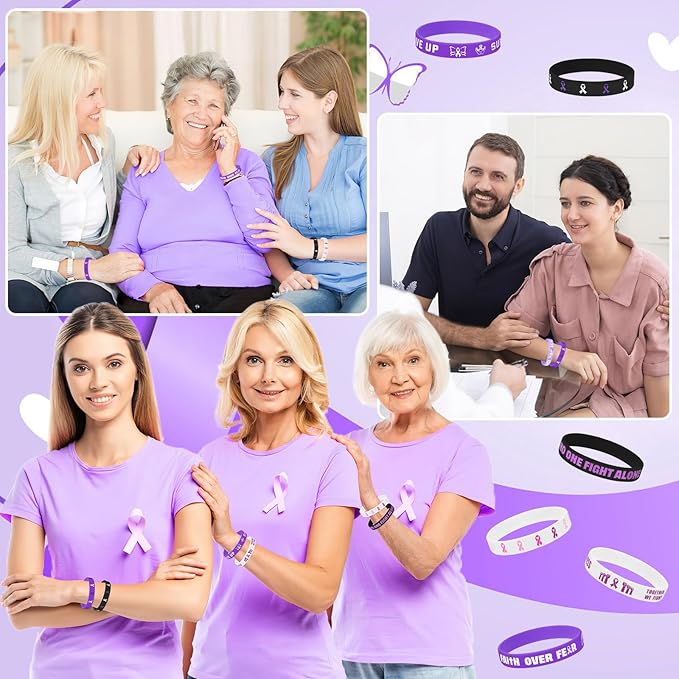 JUNEBRUSHS 42pcs Purple Ribbon Awareness Accessories Silicone Bracelets Hope Faith Courage Wristbands for Lupus Domestic Violence Epilepsy Pancreatic Cancer Alzheimers Awareness Party Supplies