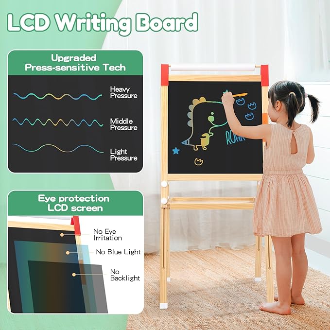 GAOMON Art Easel for Kids, Wooden Dry Erase Easel w/Large LCD Board & Magnetic Whiteboard, Paper Roll, Adjustable Height & Accessories, Double-Sided Drawing Standing Easel for Boy Girl Aged 3+
