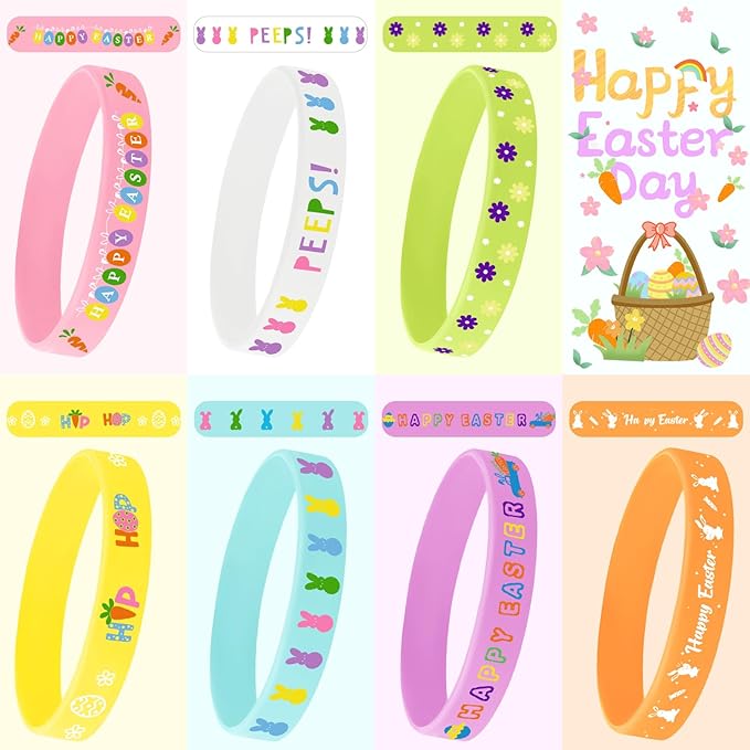 JUNEBRUSHS 42pcs Easter Party Favors Silicone Bracelets Bunny Egg Carrot Chicks Flowers Rubber Wristbands Accessories for Easter Egg Fillers Gifts Basket Stuffers Accessories Party Decorations