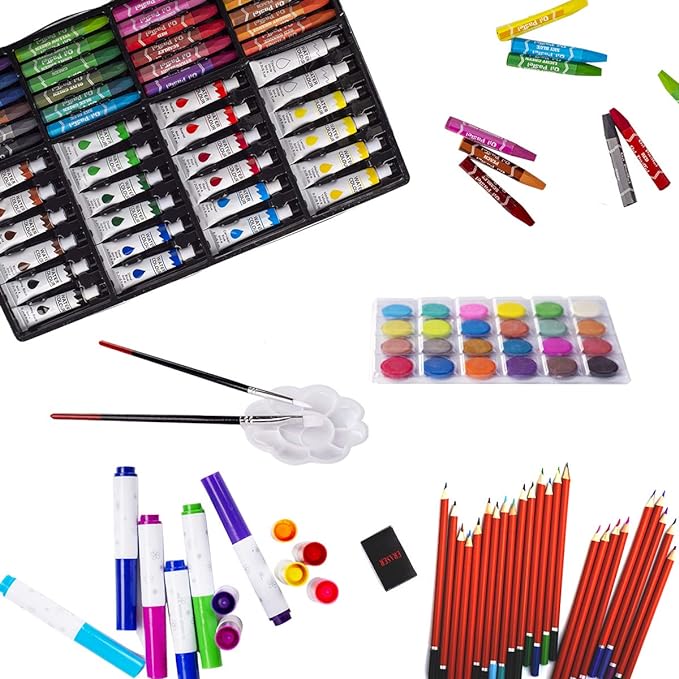 KINSPORY Art Supplies, 139 Pack Painting Drawing Art Kit with 2 Sketch Pads, Deluxe Double Layers Art Set Crafts, Colored Pencils, Oil Pastels, Watercolor Paints, Gift for Artists Kids (Brown)