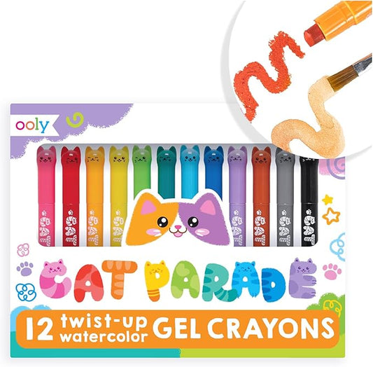 Ooly Cat Parade Gel Crayons for Kids and Adults - Set of 12 Rainbow Color Crayons for Glass and Paper Surfaces with Cat-Shaped, Twist-Up Caps - Easy To Clean, Smooth Gliding Gel Crayon Set