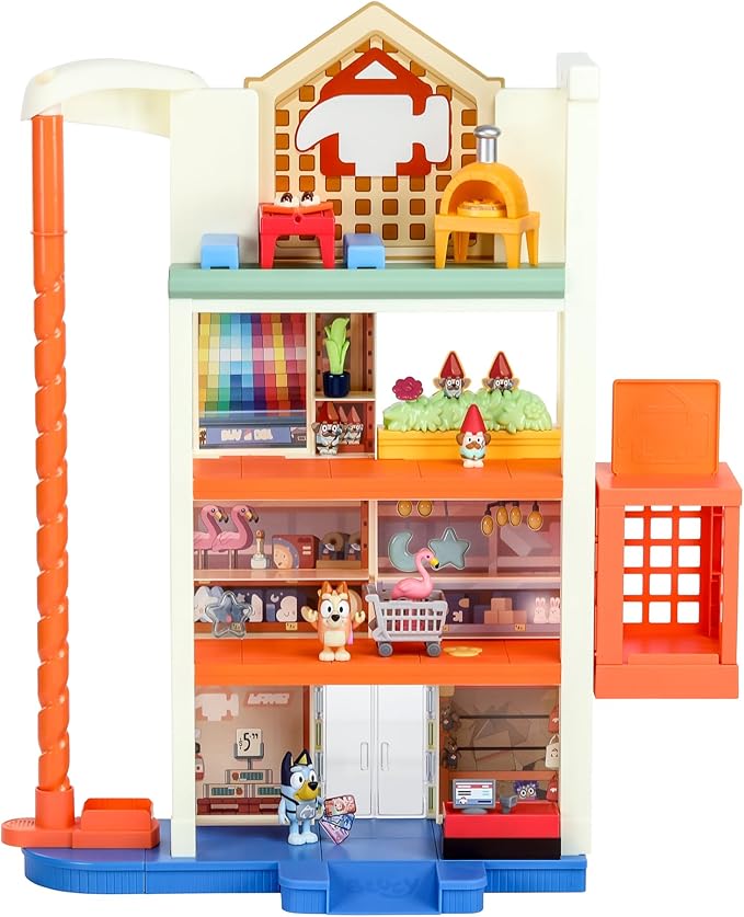 Bluey Hammerbarn Shopping Playset, 4 Level, 22" Tall Playset with Working Lift and Trolley Return, Including Lights and 45+ Sounds