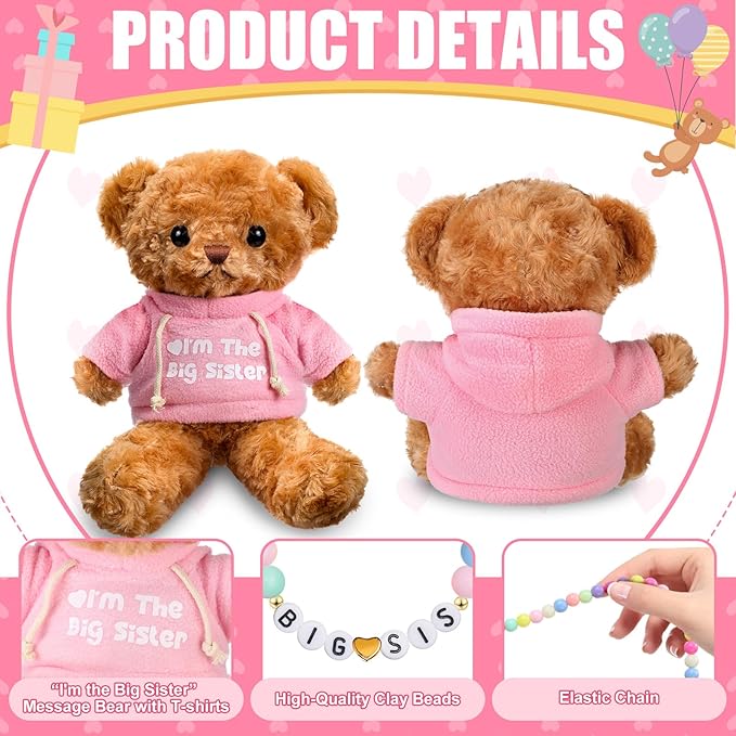 Taiyin Big Sister Gift Set Big Sister Bear with Bracelet Necklace Jewelry “I'm the Big Sister” Message Stuffed Animal Bear Toy Big Sis Gifts for Little Girls Christmas