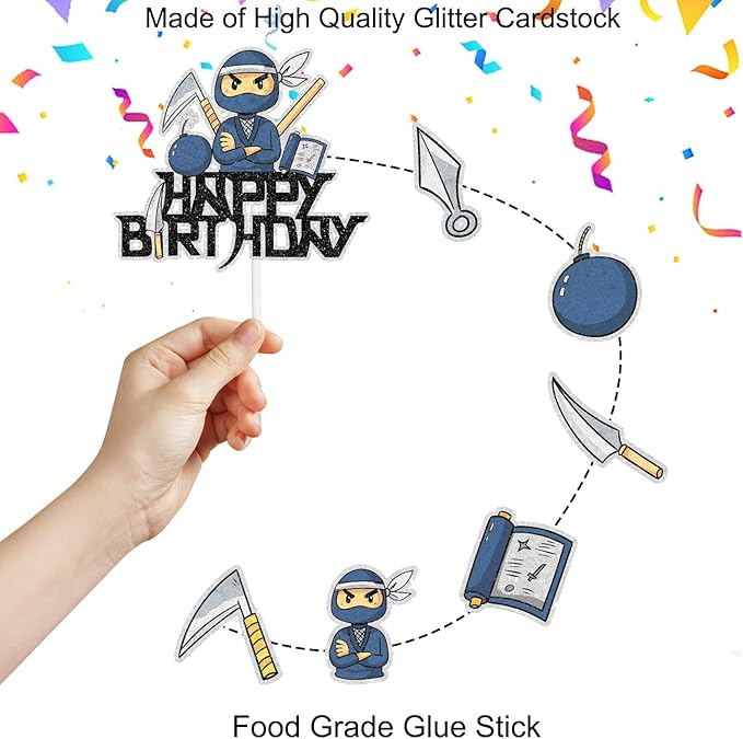 Samurai Ninja Cake Toppers, 7 Pcs Set Kids Happy Birthday Dart Decorations, Ninja Themed Birthday Party for Boys or Girls, Ninja Martial Arts Karate Party, or Baby Shower Party Decorations. SugarGera
