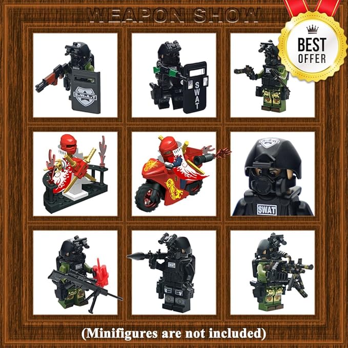 Weapon Pack Military Weapon Set Incl Helmet Body Armor Cloak and Motorcycles Designed for Minifigures Compatible with Minifigures of All Major Brands (SWAT Weapon)