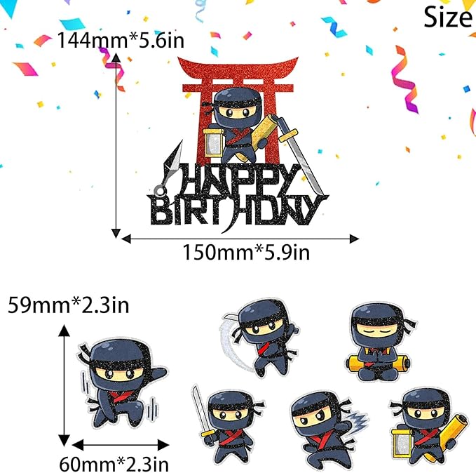 Ninja Warrior Cake Topper Set of 7 Happy Birthday Samurai Sword Fei Decorations, Boy or girl Ninja theme birthday party, martial arts karate party, or baby shower party decorations. SugarGera