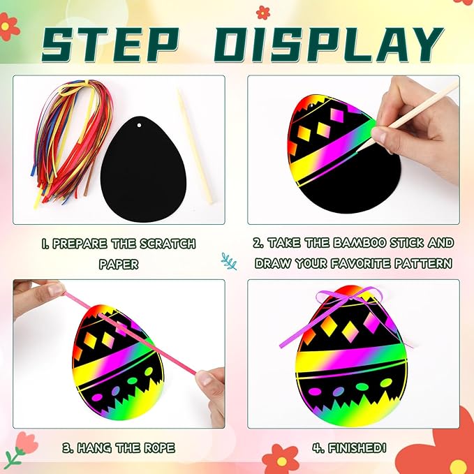 JULMELON Easter Crafts for Kids, 36 Pack Magic Rainbow Scratch Paper Kit Cute Bunny Scratch Art for Kids Easter Party Favors Gifts Egg Basket Stuffers