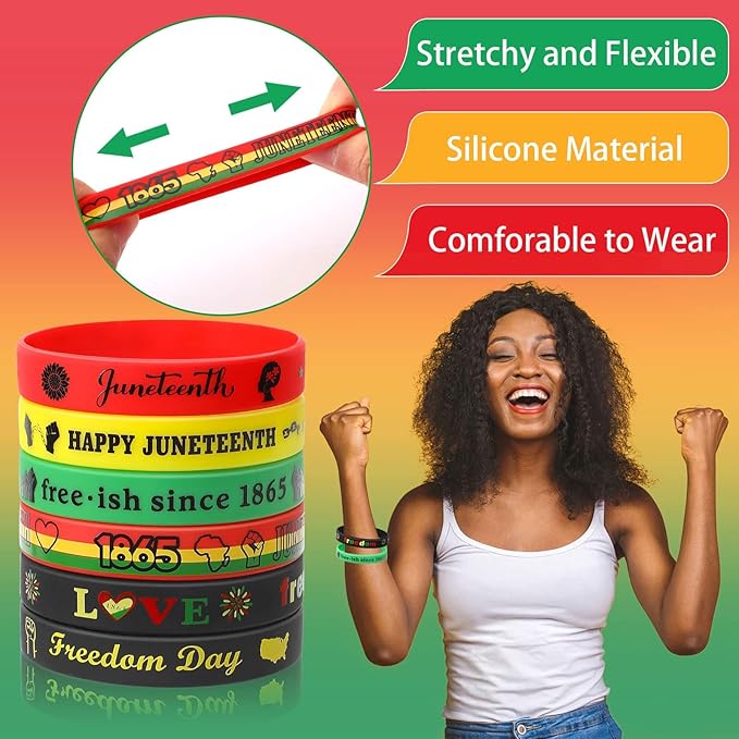 JUNEBRUSHS 42pcs Happy Juneteenth Silicone Bracelets,Party Favors Rubber Wristbands Accessories Freedom Black Freedom African Independence Day Patriotic Decoration Supplies