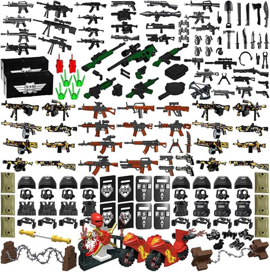 Weapon Pack Military Weapon Set Incl Helmet Body Armor Cloak and Motorcycles Designed for Minifigures Compatible with Minifigures of All Major Brands (SWAT Weapon)