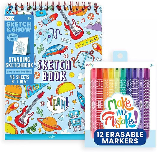 Ooly Make No Mistake Erasable Markers & Standing Sketchbook, Mess Free Marker Pack You Can Erase, Drawing and Coloring Pens for Kids, Colorful School Supplies, Set of 12 & Sketchbook Bundle
