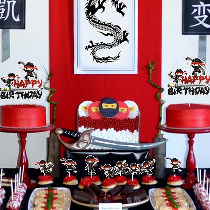 Samurai Ninja Cake Toppers 7-Piece Happy Birthday Decorations, Boy or Girl Ninja Themed Birthday Party, Martial Arts Karate Party or Baby Shower Party Decorations. SugarGera
