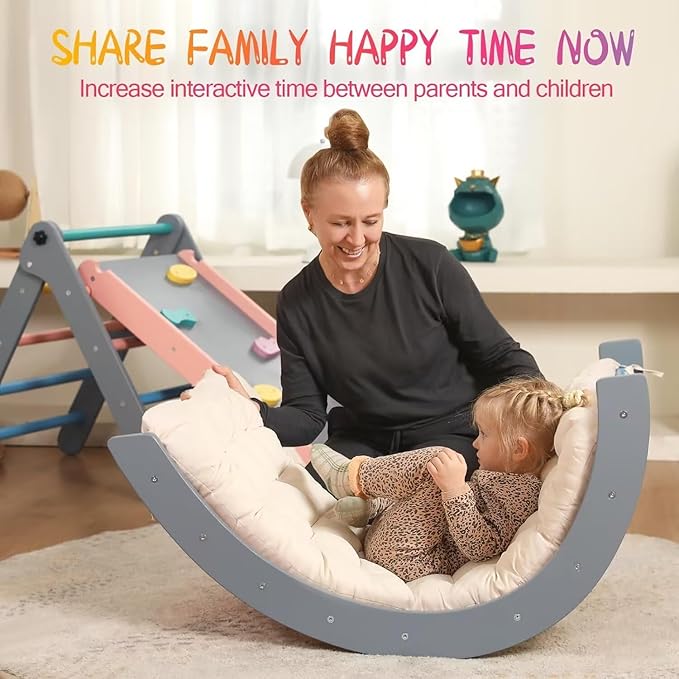 Pikler Triangle Set with Cushion, 7 in 1 Toddler Climbing Toys Indoor, Montessori Foldable Climbing Set, Wooden Climbing Toys for Toddlers 1-3 Inside with Ramp, Arch and Ladder (Rainbow with Blue)
