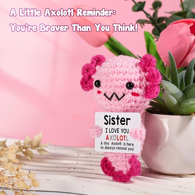 Sisters Gifts from Sister, Crochet Axolotl Gifts for Bestie BFF & Little Sister in Law on Birthday & Christmas Stocking Stuffers, I Love You to My Big Sister