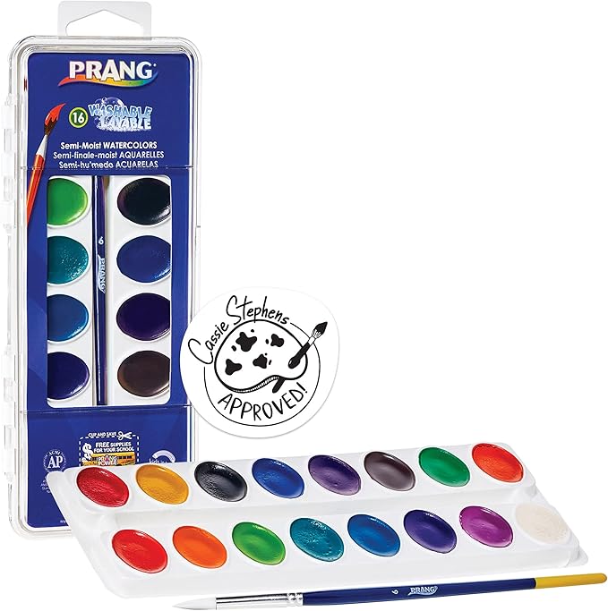Prang Washable Semi-Moist 16 Classic Colors with 1 brush with shaped pans provide 41% more paint