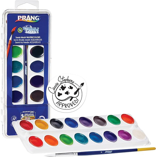 Prang Washable Semi-Moist 16 Classic Colors with 1 brush with shaped pans provide 41% more paint