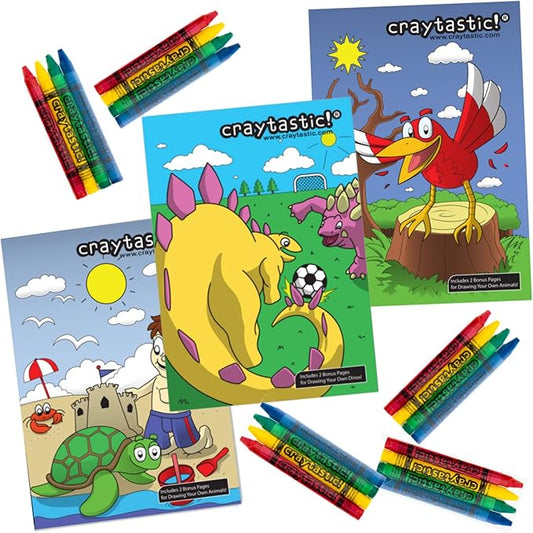 Craytastic! (48 Bulk Coloring Sets with 48 Crayon Packs (4 Crayons Each) + 48 Coloring Book Variety Pack (Dino, Ocean, Animal, Sports) - Party Favors, Restaurants, School, Camp