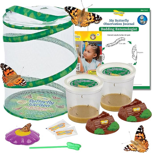 Insect Lore Butterfly Garden with Two Cups of Live Caterpillars | Original Habitat, STEM Journal, Chrysalis Holding Logs, 10 Live Baby Caterpillars | Painted Lady Butterflies | Life Science Education