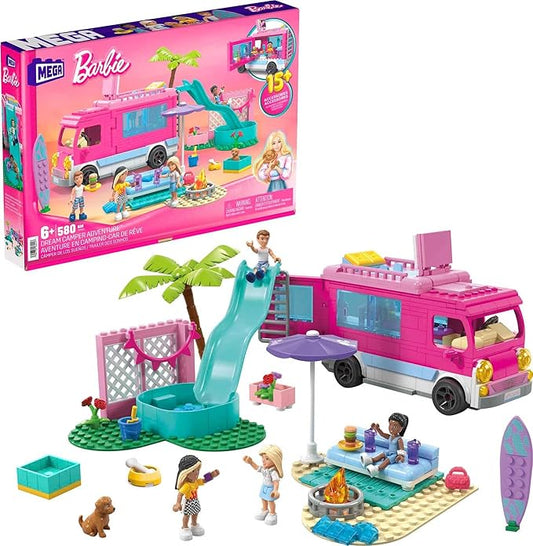 Mega Construx Barbie Kids Building Toy Set, Dream Camper Adventure with 580 Pieces, 4 Micro-Dolls, Barbie Pets and Accessories, Pink, Ages 6+ Years