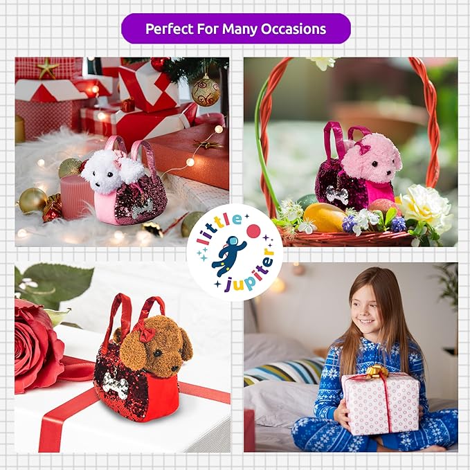 Little Jupiter Pet Plush Set with Purse w/ Reversible Sequins & Charm - Stuffed Animal Toy for Kids Ages 4 - 5 - 6 - 7 - Stuffed Animal Purse - Stuffed Animals for Girls - (White Labradoodle)