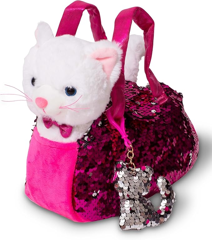 Little Jupiter Plush Pet Set with Purse - Stuffed Cat Plush Pet Carrier Set w/Reversible Sequins & Charm - Cat Stuffed Animals - Cat Animal Plush - Stuffed Animal Cat - Plush Cat (White Cat)