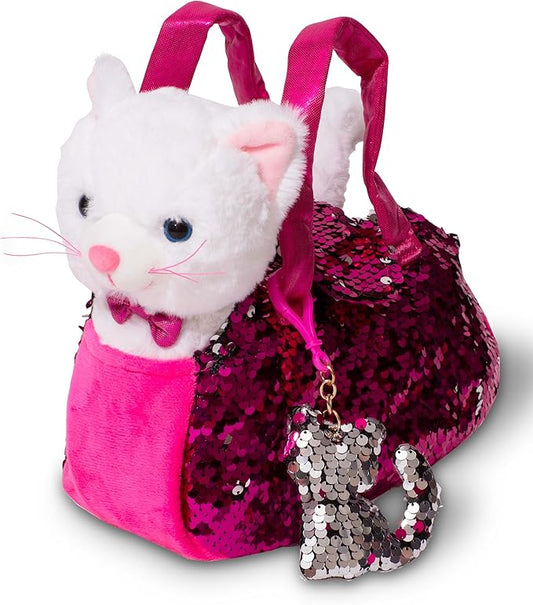 Little Jupiter Plush Pet Set with Purse - Stuffed Cat Plush Pet Carrier Set w/Reversible Sequins & Charm - Cat Stuffed Animals - Cat Animal Plush - Stuffed Animal Cat - Plush Cat (White Cat)