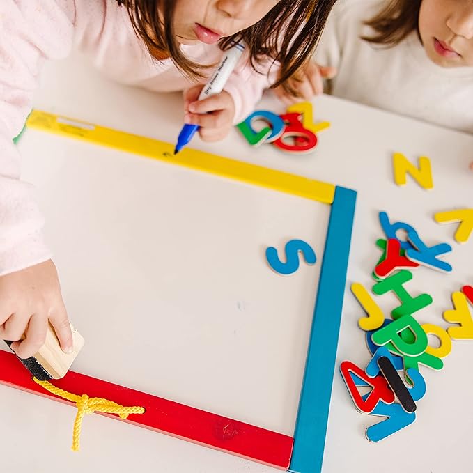 Melissa & Doug Magnetic Chalkboard and Dry-Erase Board With 36 Magnets (Numbers and Uppercase Letters), Chalk, Eraser, and Dry-Erase Pen Letters And Numbers Learning Toys, Chalk Board